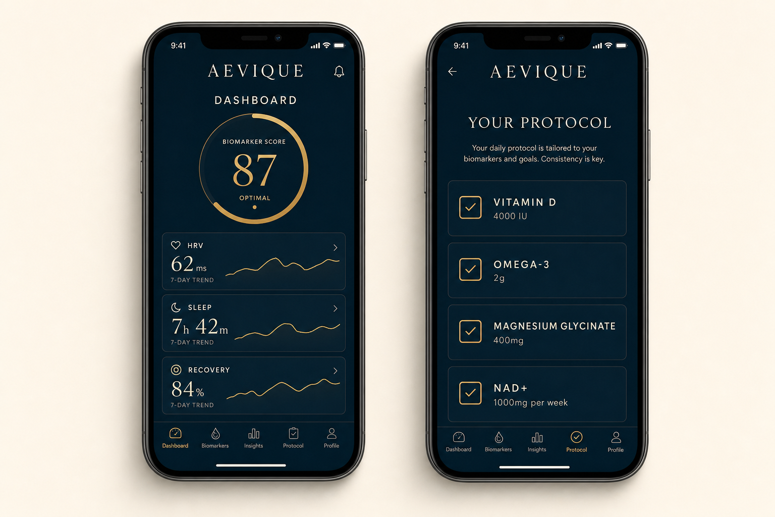 Aevique app dashboard with biomarker score and protocol screen
