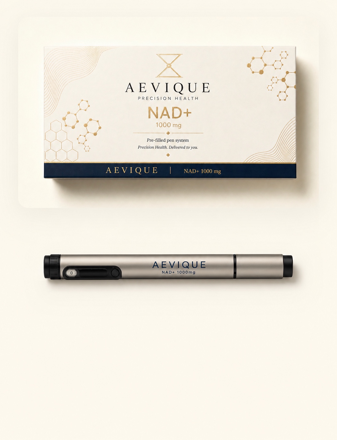 Aevique NAD+ 1000mg presentation box and silver pre-filled injection pen